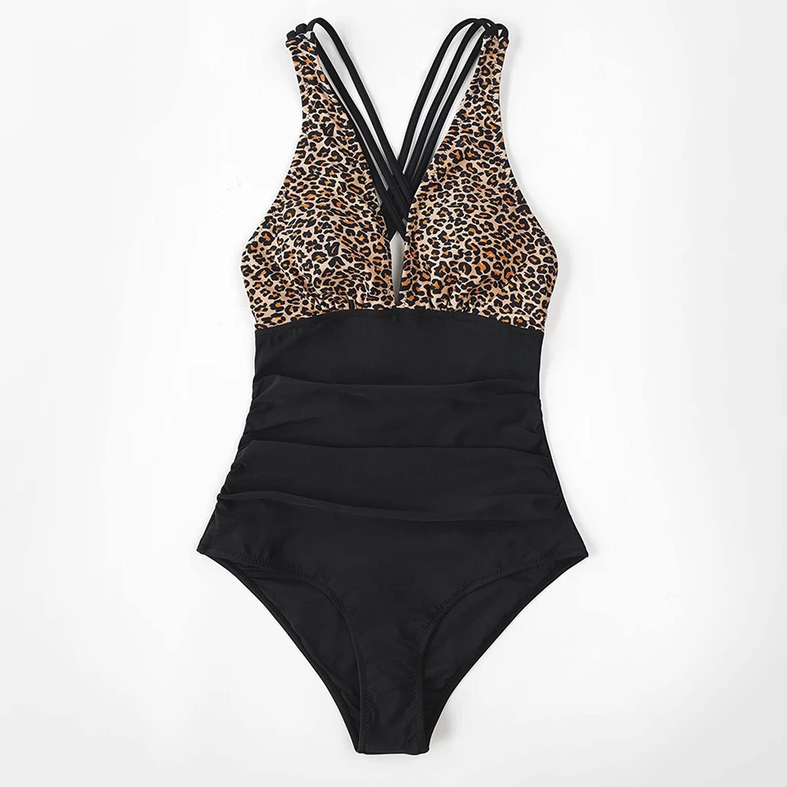 Dwuczęściowy strój kąpielowy Czarny Leopard V-neck Jednoczęściowy strój kąpielowy Seksowny krzyżowy tył Kobiety Nowe dziewczyny Plaża Kostiumy kąpielowe Stroje kąpielowe Bikini Set (B XXL)