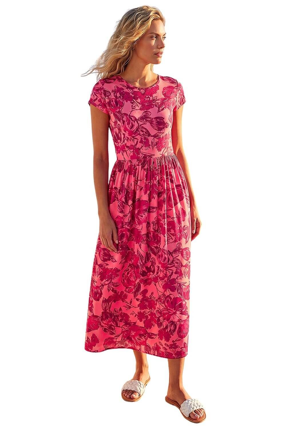 Roman Midi Dress with Pockets for Women UK Ladies Stretchy Jersey Maxi Long Short Sleeve Elasticated Gathered High Waist Boho Flattering Skater Swing Fit Flare - Pink Red - Size 18