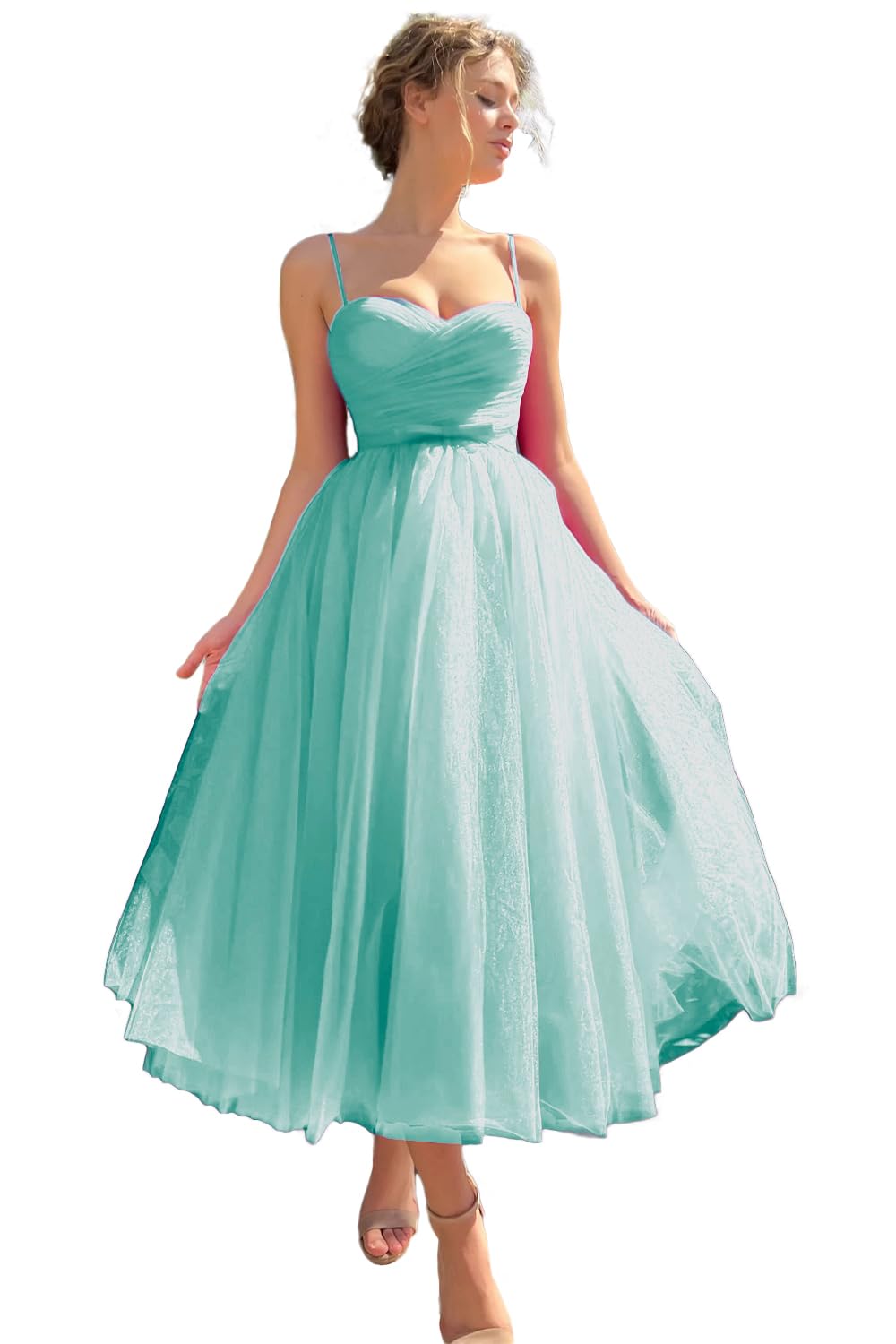 Sevintage Spaghetti Straps Tulle Prom Dress Tea Length Formal Party Evening Dress with Pockets