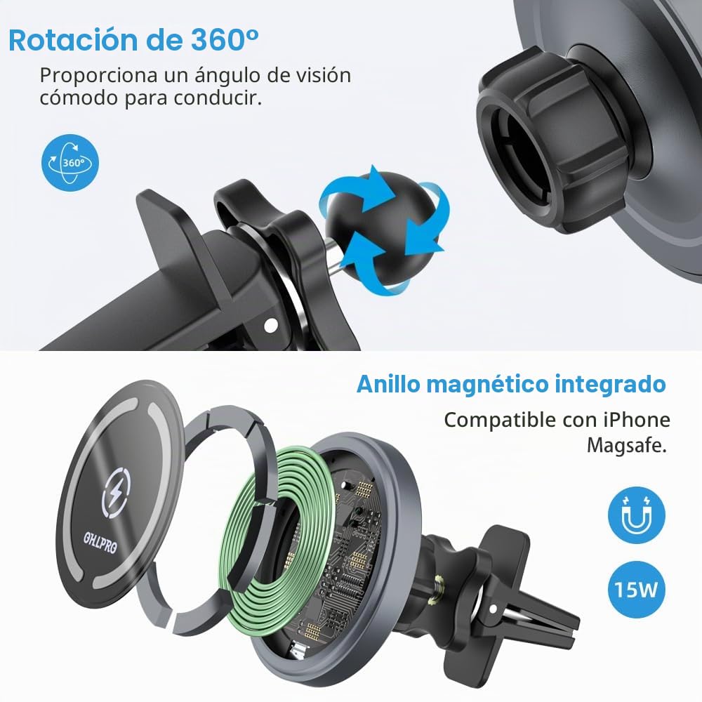 OHLPRO Cargador Coche15W, Soporte Magnético para iPhone 16/15/14/13/12 Series, Carga Inalámbrica Rápida, Montaje Adhesivo para Salpicadero, Carcasa de Aluminio, Rotación 360°
