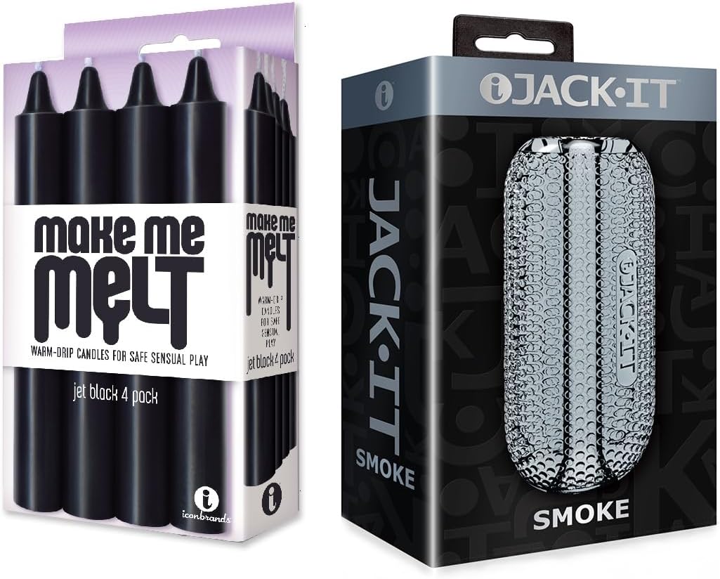 Sex Toy Couples kit of Make Me Melt Sensual Warm-Drip Candles, 4 Pack, Jet Black and Icon Brands Jack-It Stroker Smoke
