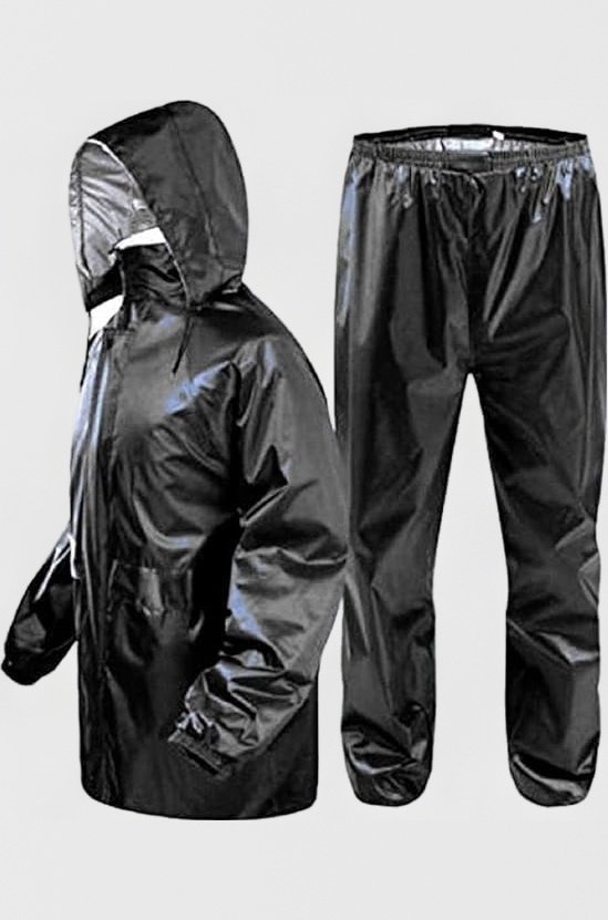 Men's Black Waterproof Rain Coat with Pants Polyester Rain Coat For Men Bike Rain Suit Rain Jacket Suit Mobile Pocket with Storage Bag