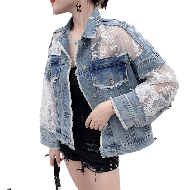 GenericWomen's See Through Floral Embroidery Lace Crop Denim Jacket Ripped Distressed Jean Jacket