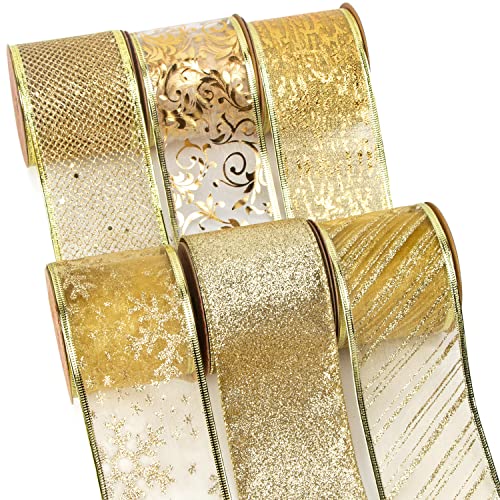 Ribbli Gold Christmas Tree Ribbon - Glitter Wired Ribbons for Tree, Crafts, Gift Wrapping, Wreaths, Garland, Home Decor - 2.5 Inch x 6 Rolls Total 36 Yard