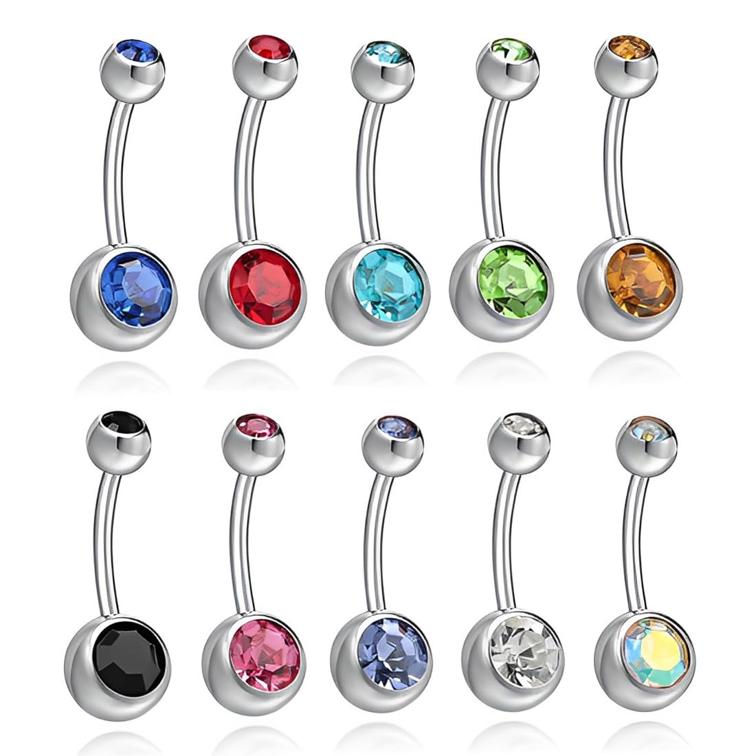 LuLiyLdJ Piercing de ombligo, Piercing de ombligo de acero quirúrgico, Piercing de ombligo colgante, Piercing de ombligo de acero inoxidable, con doble gema, 10 colores, 10 piezas