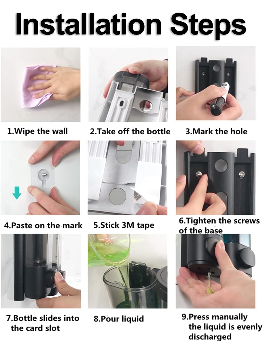 Dispenser di sapone a 2 camere da parete, dispenser per doccia da 300 ml, premere manualmente dispenser per sapone da doccia, uso per casa, bagno, cucina, hotel, appartamenti, ristoranti (nero)
