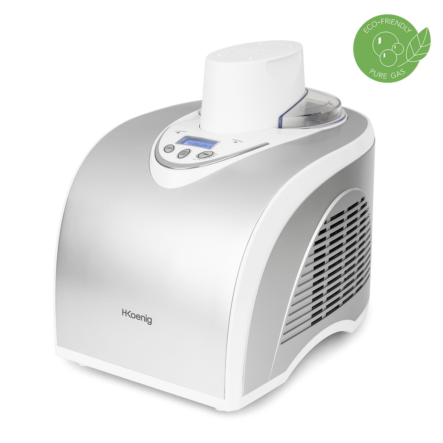 H.Koenig HF180 Máquina Para Hacer Helados Caseros y Sorbetes Profesionales, Heladera Con Compresor, 135 W, 1 Litro, Preparación 30 Mins, Pantalla LCD, Conservación En Frío, Acero Inoxidable