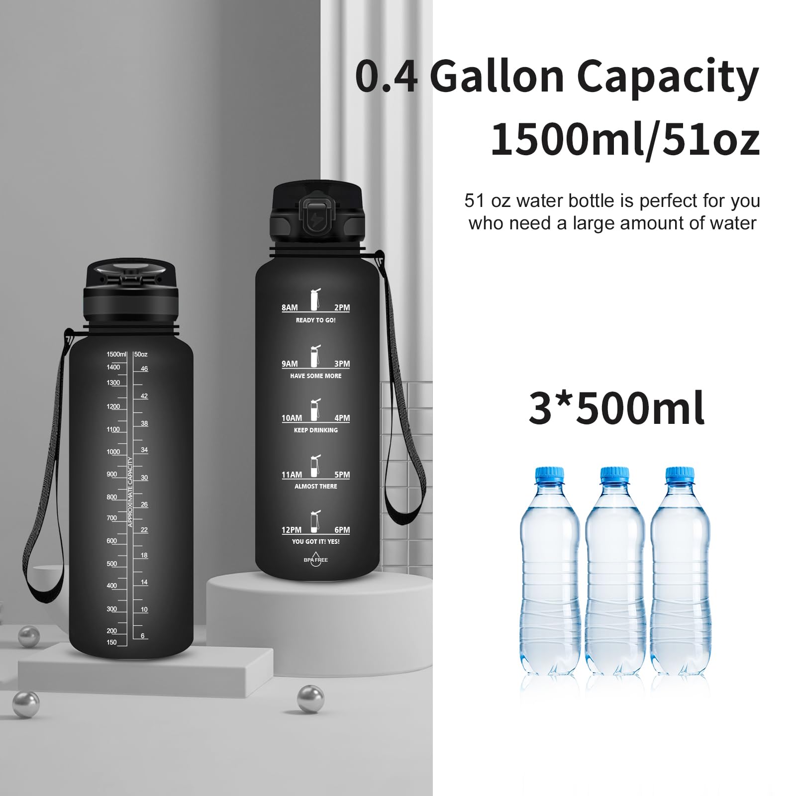 Borraccia Sportiva Grsta 1500ml Con Cannuccia - Senza BPA, Motivazionale Con Indicatore Tempo, Per Palestra E Ufficio - Foto 3