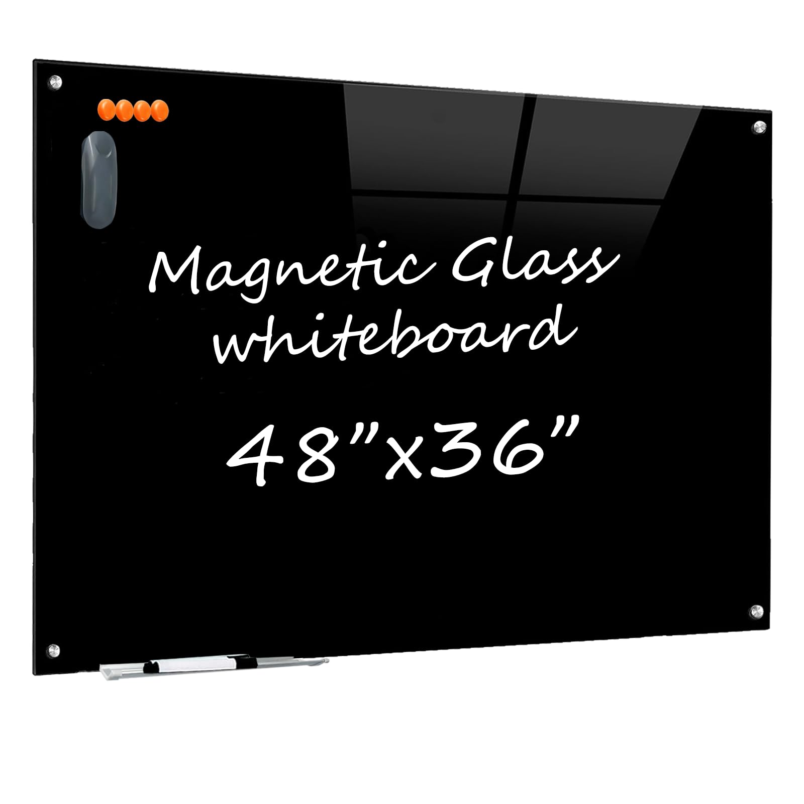 Glass Dry Erase Black Board - Magnetic Blackboard 48"X36" Frameless Whiteboard Clear Glass Boards with Super Strong Magnets, Wall Mounted for Office, Classroom and Home