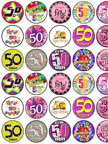 24 Assorted Pre Cut 50th Birthday Female Premium Rice Paper Cup Cake Toppers