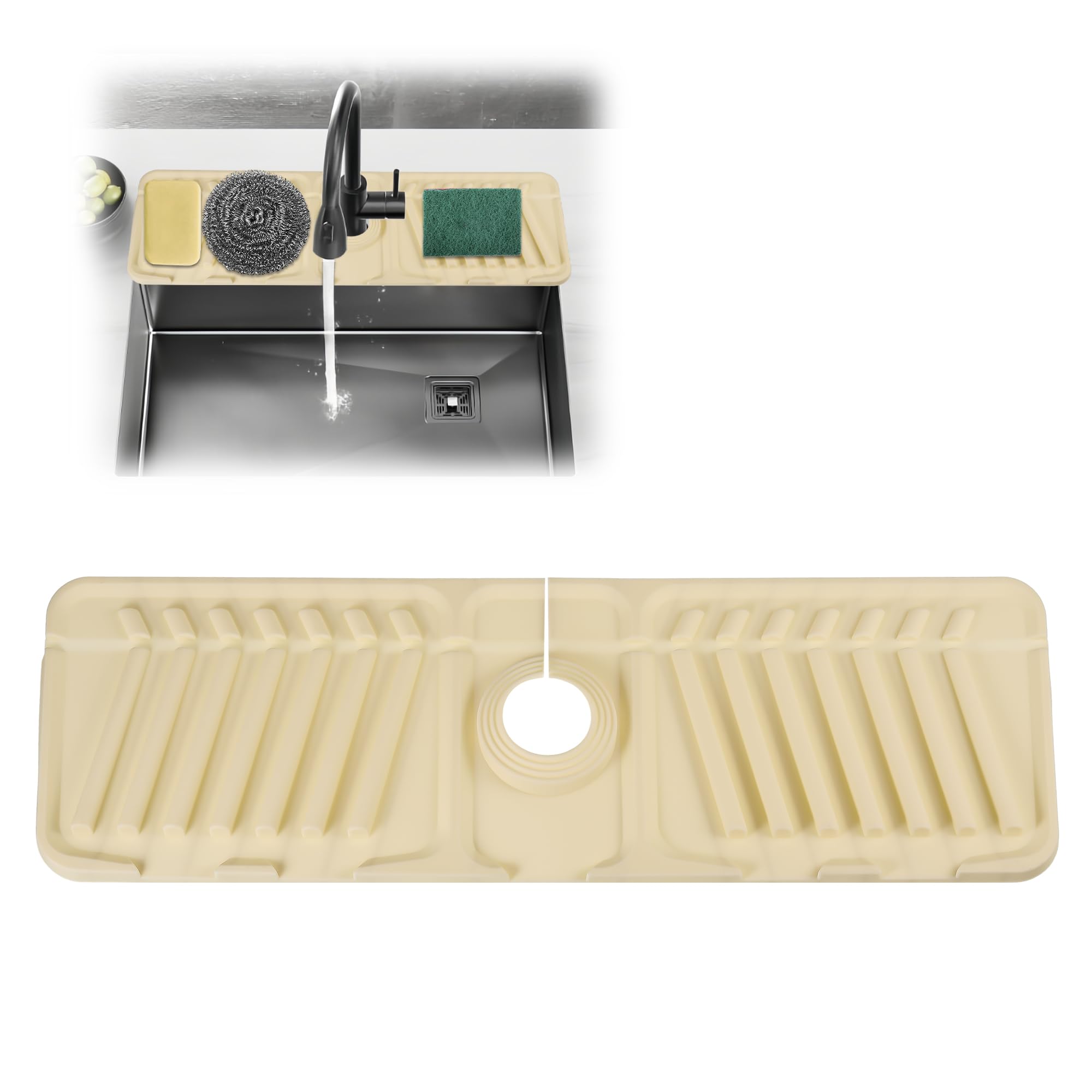 EUIOOVM Silicone Sink Faucet Mat, Kitchen Sink Splash Guard, Draining Mat Around Tap, Drip Catcher Tray Mat for Kitchen Sink Splash Protector (Beige))