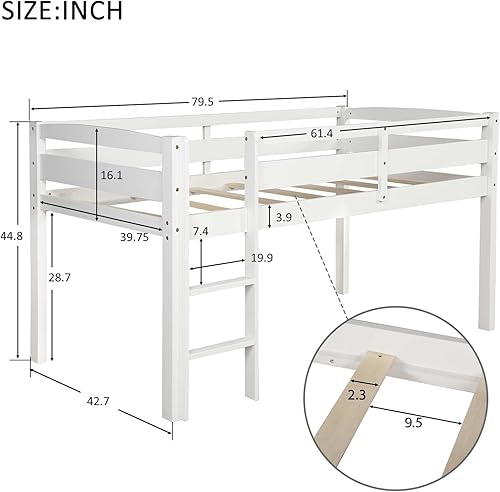 Miniatura 2 de GERDIOEB Cama baja tipo loft, cama baja de madera tamaño individual, base de cama baja con barandillas y escalera para niños, niñas, adolescentes,