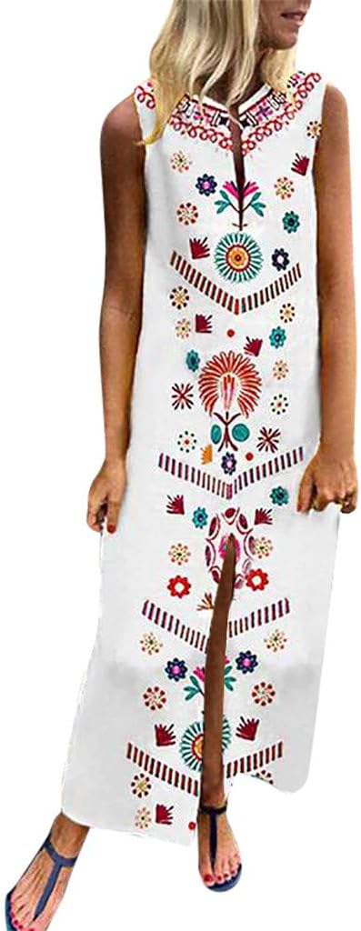Women's Bohemian Floral Print Split Cotton Linen Maxi Dress V Neck Sleeveless Casual Baggy Long Dress(White,XL)