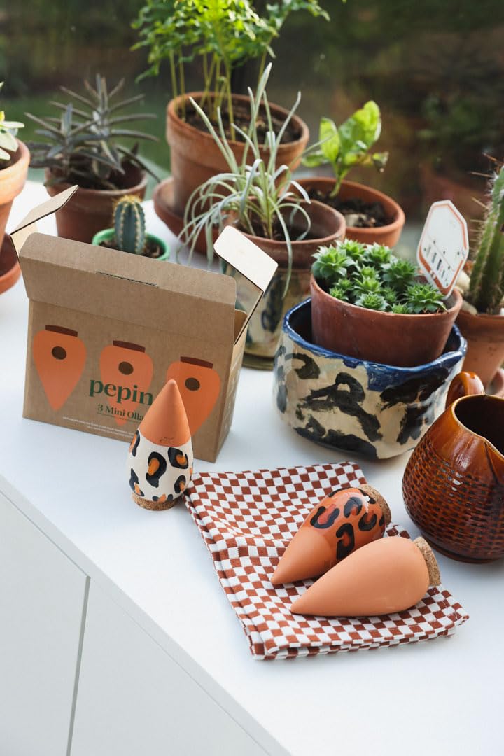 Pepin | 3X Mini Ollas | Oyas A Planter Terre Cuite | Arrosage Automatique et Ecologique pour Plante d'Intérieur et d'Extérieur | Système d'Irrigation Naturel | Mini Oyas Terracotta - 12cl léopard