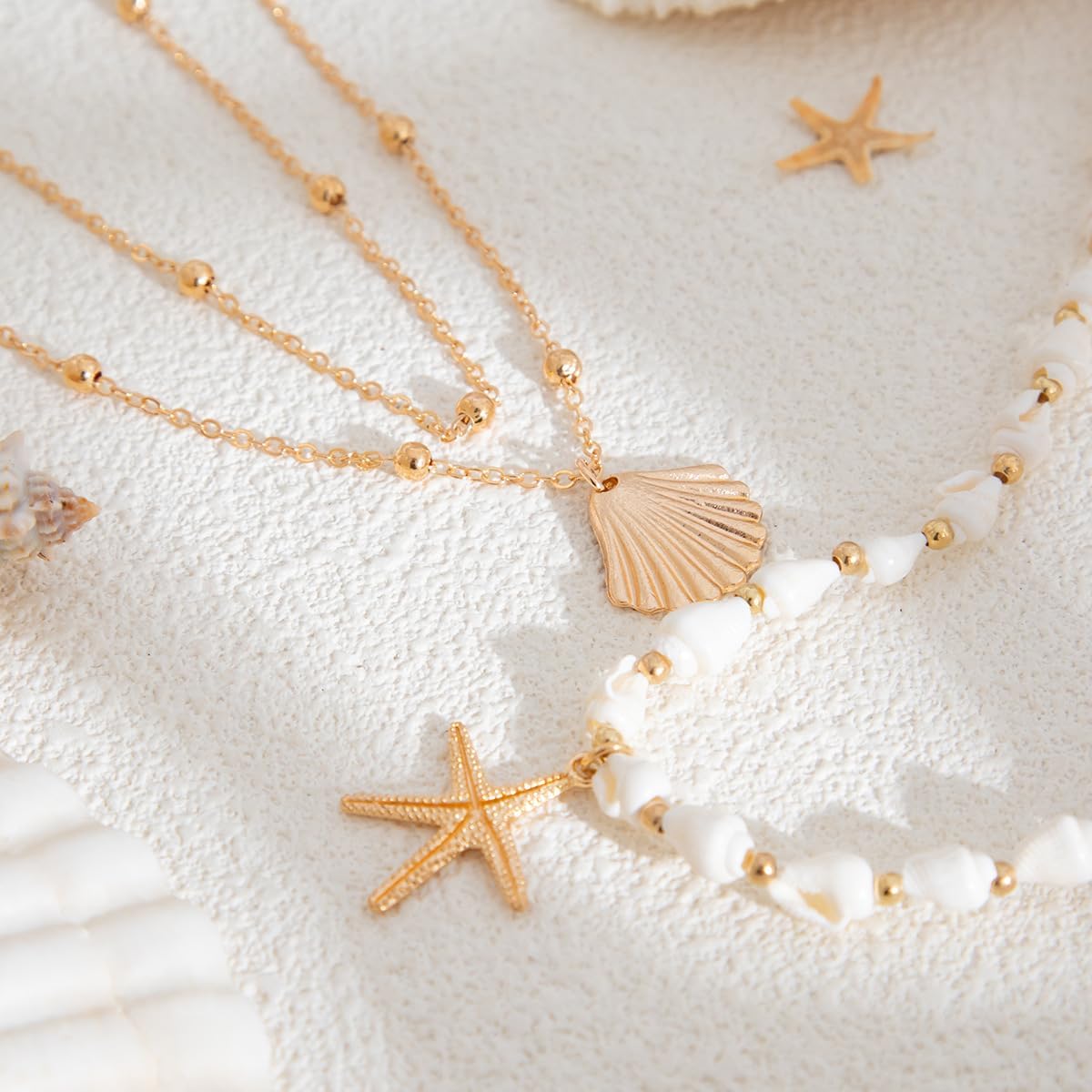 PLwelth Shell Necklace for Women Gold Starfish Seashell Conch Charm Pendant Necklace Dainty Layered Stackable Necklaces Trendy Summer Beach Jewelry Gifts Accessories for Costume Dress Vacation - Image 7