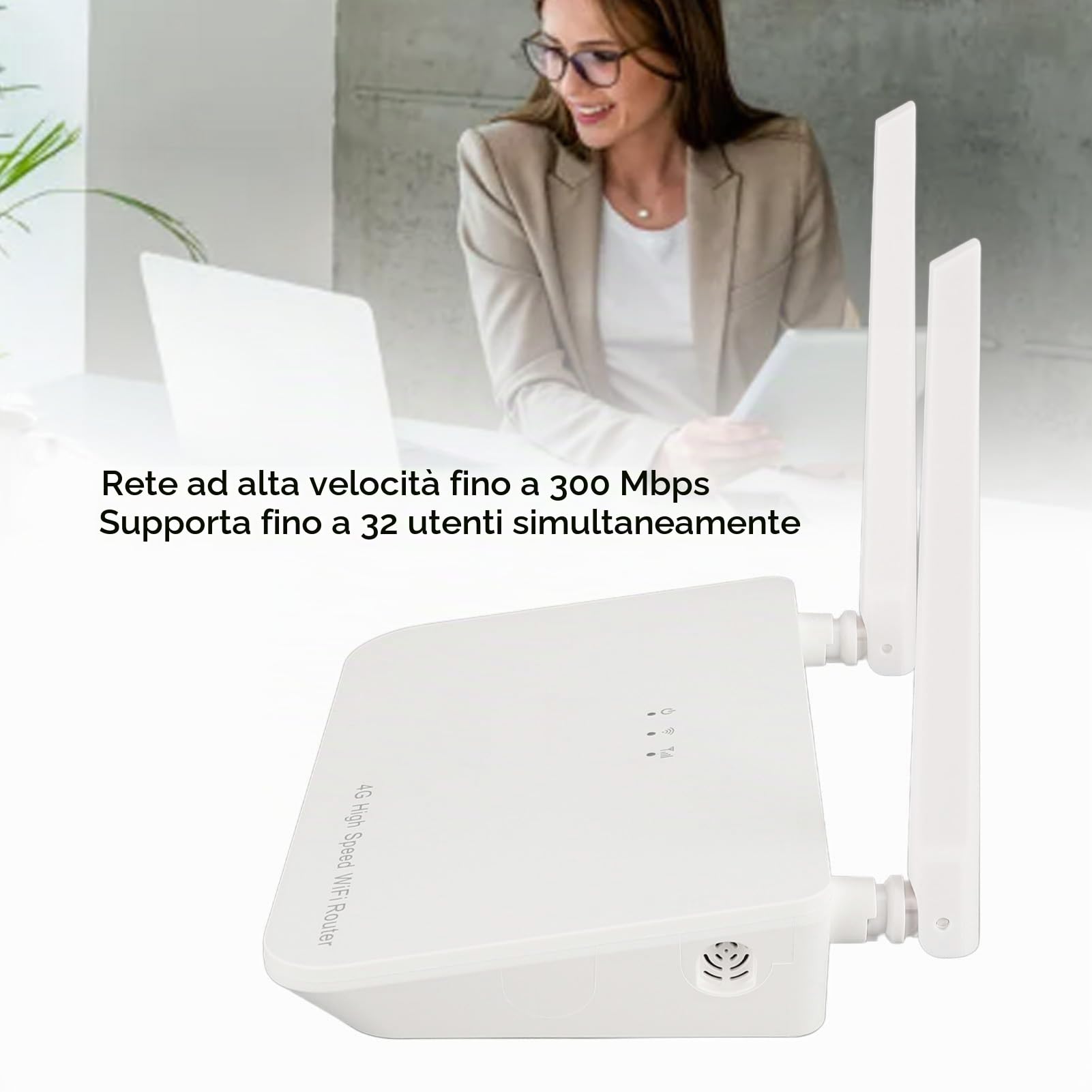 Router 4G LTE con Slot per Scheda SIM, Router Hotspot WiFi Mobile da 300 Mbps con Porte LAN WAN e 2 Antenne, Supporta 32 Utenti, per Ufficio Domestico (Spina europea)