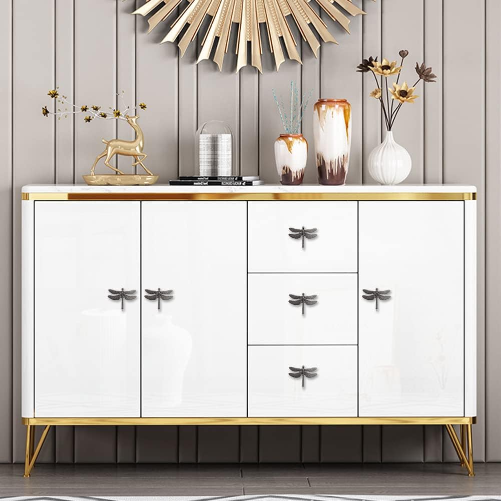6 Pcs Dragonfly Cabinet Handles, Animal Cabinets Knobs, Drawer Knob, Single Hole Pull for Home Bedroom Kitchen Drawers Dressers Wardrobes Closets Cupboard, Decorative Furniture Hardware (Ancient Tin)
