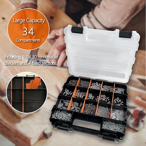Miniatura 4 de Caja de herramientas organizadora de almacenamiento, 34 compartimentos de doble cara, caja de piezas pequeñas con separadores de plástico extraíbles