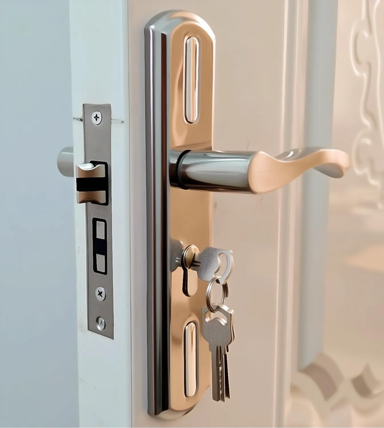 Storm Door Handle Replacement Set Stainless Steel Storm Door Handle with Lock Modern Exterior Door Parts Fits 4.45-7.9inch Hole Distance (Silver)