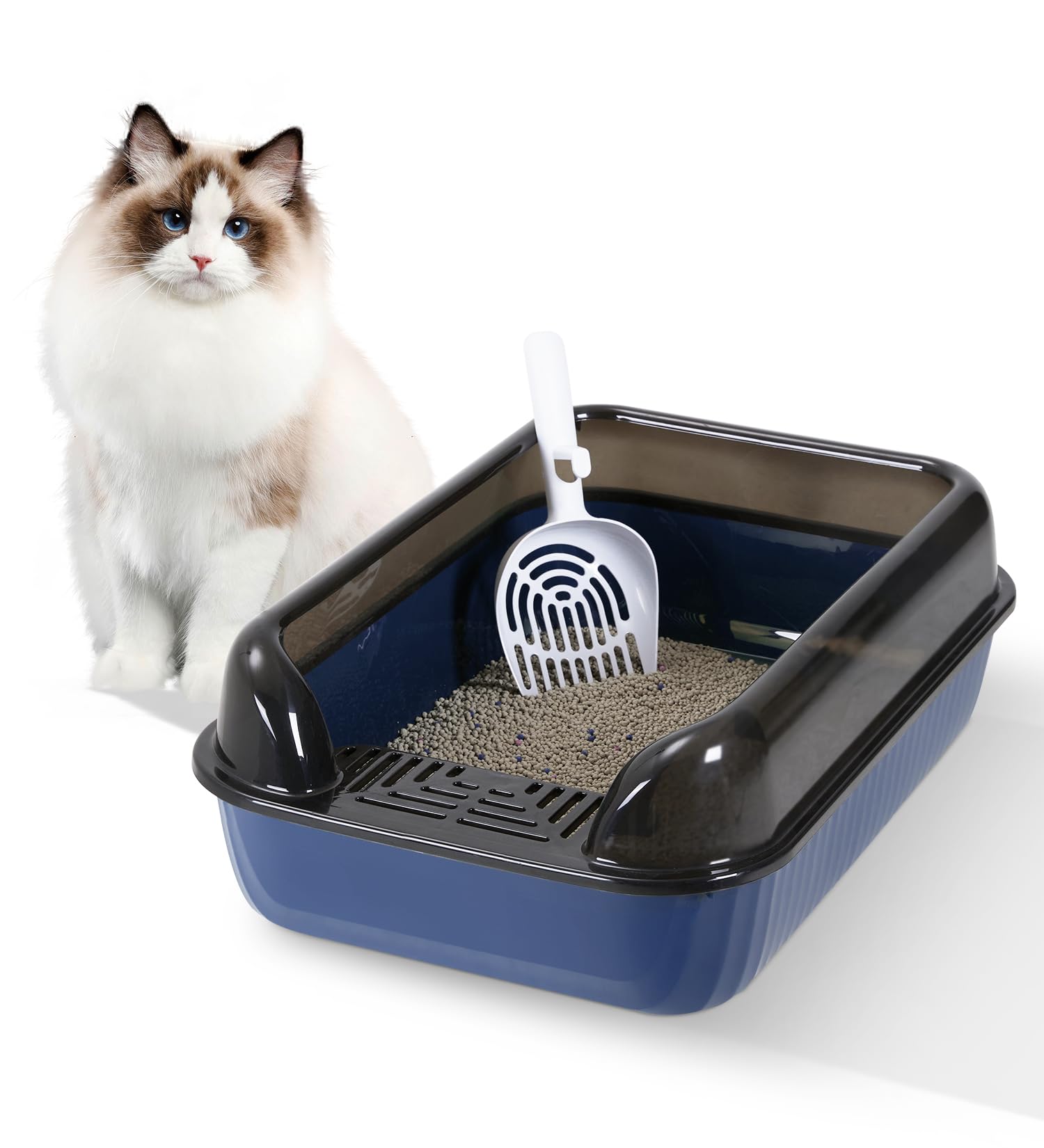 Fellie High Sided Large Cat Litter Box, Anti-Spillage, Easy to Clean Kitten Litter Tray for Cats & Rabbits, 51x34.5x17cm, Blue
