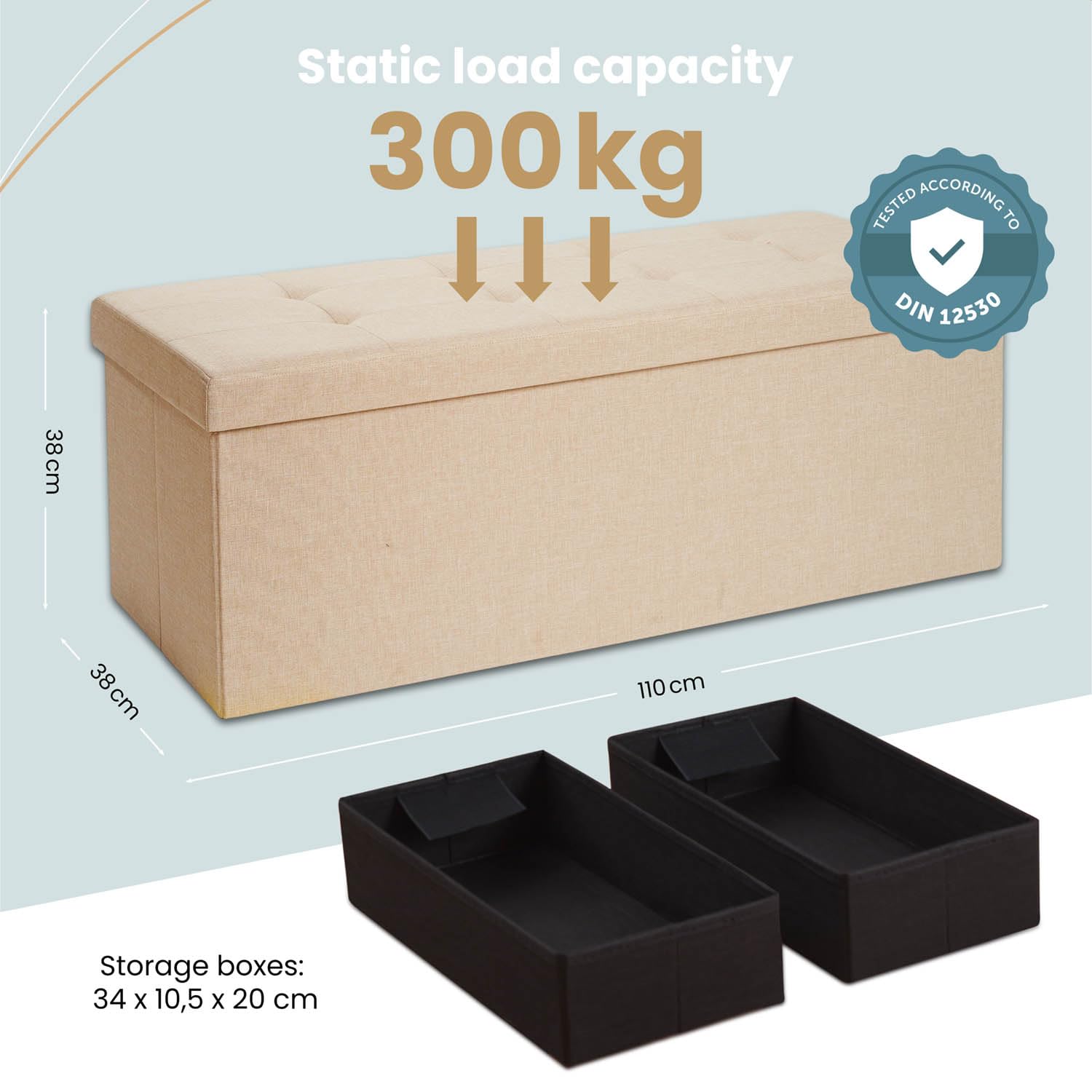 Blumtal Banco con Almacenaje, Banco Puff con Espacio de Almacenamiento, con 2 Cajas, Asiento Plegable y Resistente, Beige