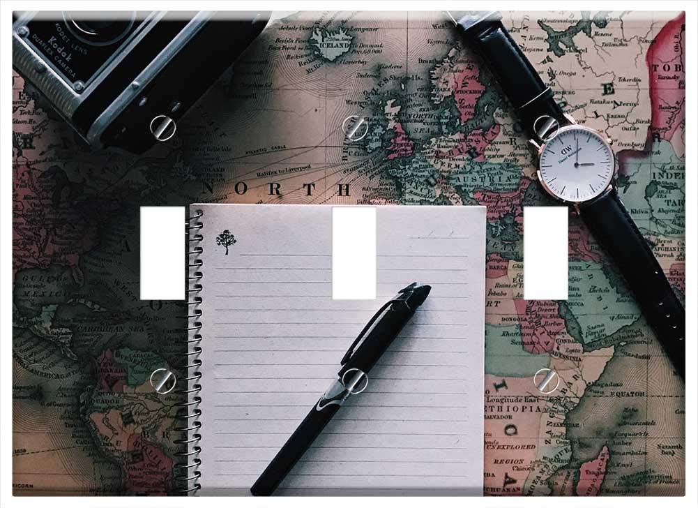 Switch Plate Triple Toggle - Global Map Geography Travel Notebook Write Pen