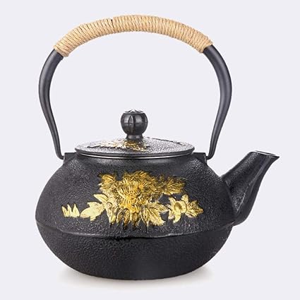 CESULIS Exotic Teapots, Cast Iron Tetsubin Kettle 1200ML cast Iron cast Iron Pot Japanese Oxide Film Inner Wall Peony Silver Belt Filter Boil Southern Iron Presents Gifts