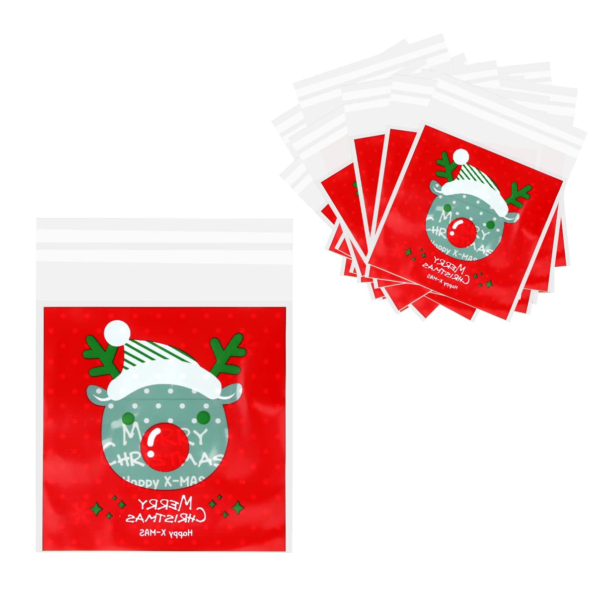 Jagowa 100pc Self-Adhesive Christmas Cookie Bags & Stickers - Festive Snack Bags for Holiday Party Decor