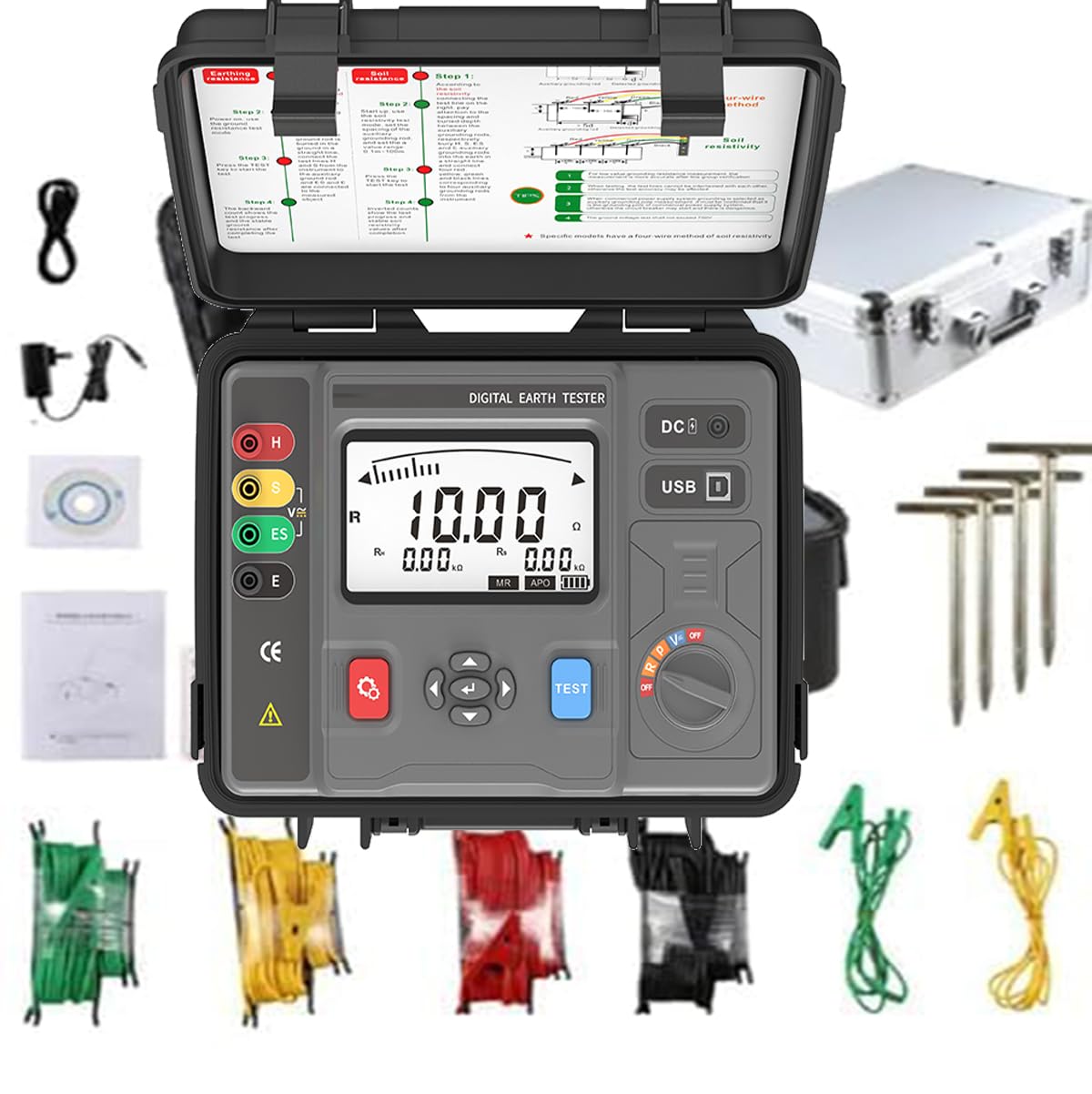 Digital Soil Resistivity Meter Tester Earth Resistance Meter Ground Resistance Tester with Soil Resistivity 0.00Ωm～9999kΩm Resistance 0.00Ω～30.00kΩ Voltage 0.00V～100.0V