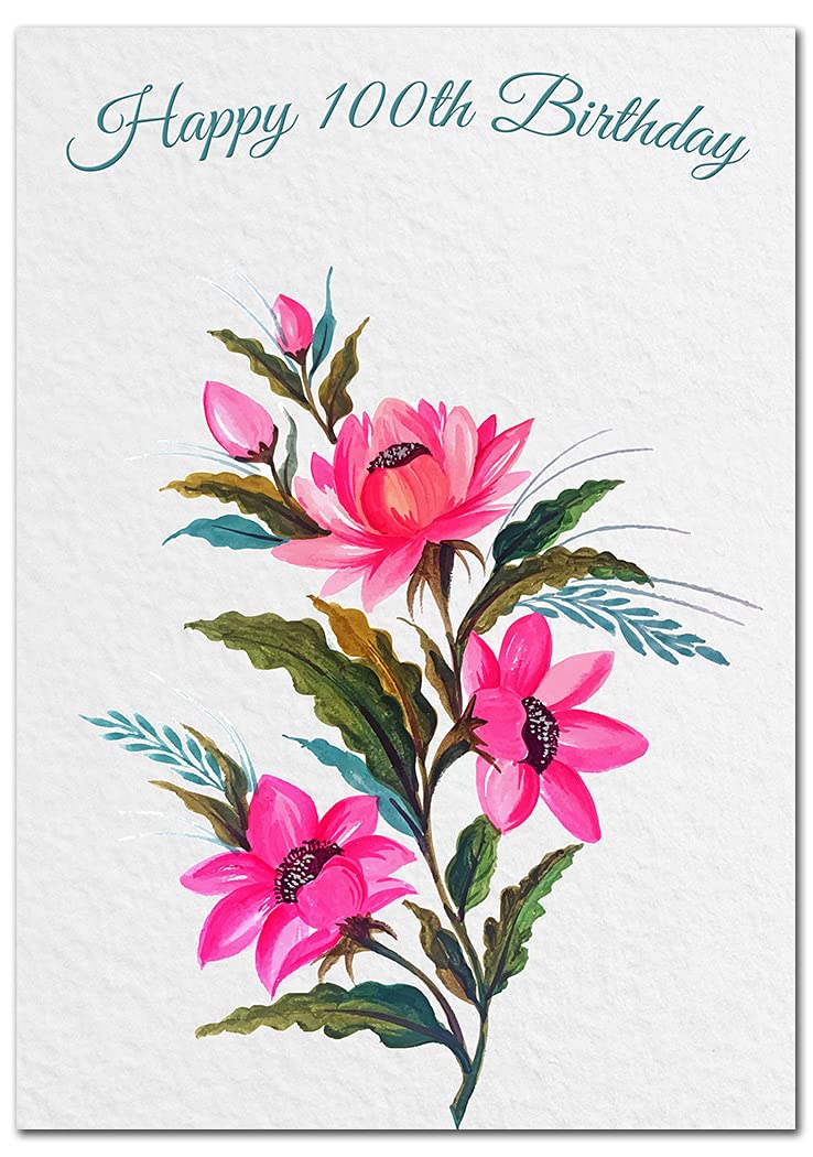 Extra Large 100th Birthday Card for Women - XL Big thick A4 size - Special Age Year - Pretty Pink Flower Watercolour Art - Beautiful Female Greeting Her Huge Happy Wishes Nice - UK Eco-Friendly