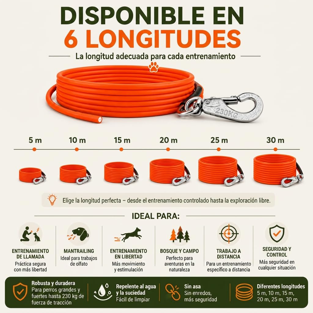 Correa de arrastre robusta/correa de paseo para perros | Correa de campo/búsqueda con revestimiento de plástico de 6 mm | Resistente a la suciedad y al agua | Sin asa de mano | Hecho a mano