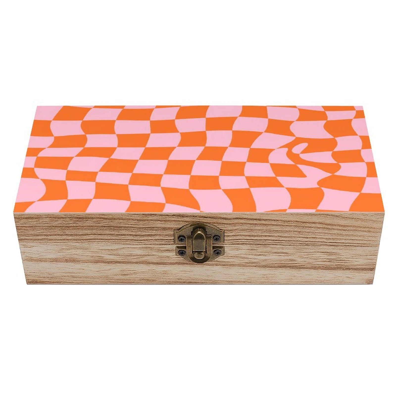 HLBSDM Orange Pink Wavy Checkered Vintage Wooden Keepsake Box with Hinged Lid And Locking Clasp, Decorative Storage Box for Jewelry, Trinkets And Small Accessories, Organizer for Home Or Wedding