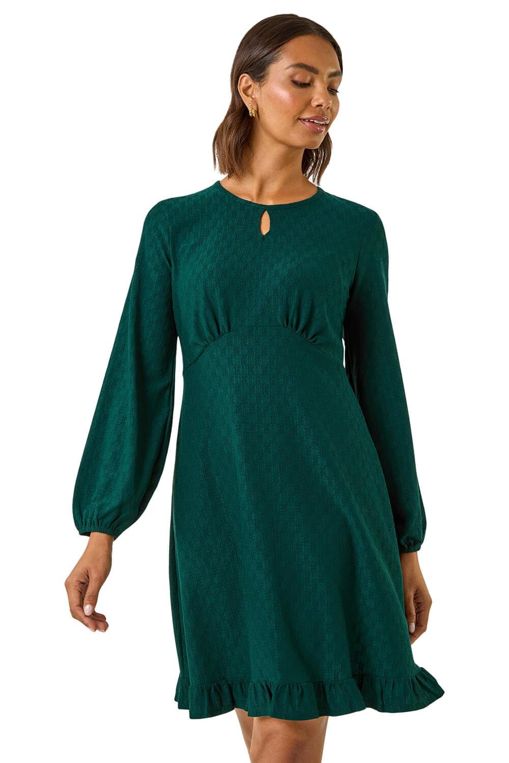 Roman Women Gathered Chest Dress Ladies Stretchy Fit & Flare Swing Tea A Line Skater Knee Length Long Sleeve Midi Smart Casual Work Going Out Cocktail Party - Dark Green - Size 20