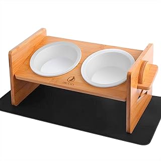 DROLMA Elevated Cat Bowls Raised Cat Food Bowls, 15° Tilted Pet Bowls for Cats Puppy Small Dogs, 4 Height Adjustment Modes Raised Dog Bowl Dog Cat Food Water Bowls Stand with 2 Ceramic Bowls