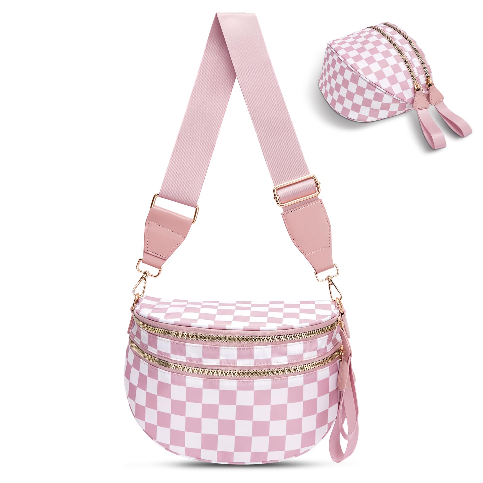 idoltimes Checkered Crossbody Bag,Nylon Bum Bags for Women Crossbody,Spacious Sling Bag Purse Fanny Packs with Shoulder Strap
