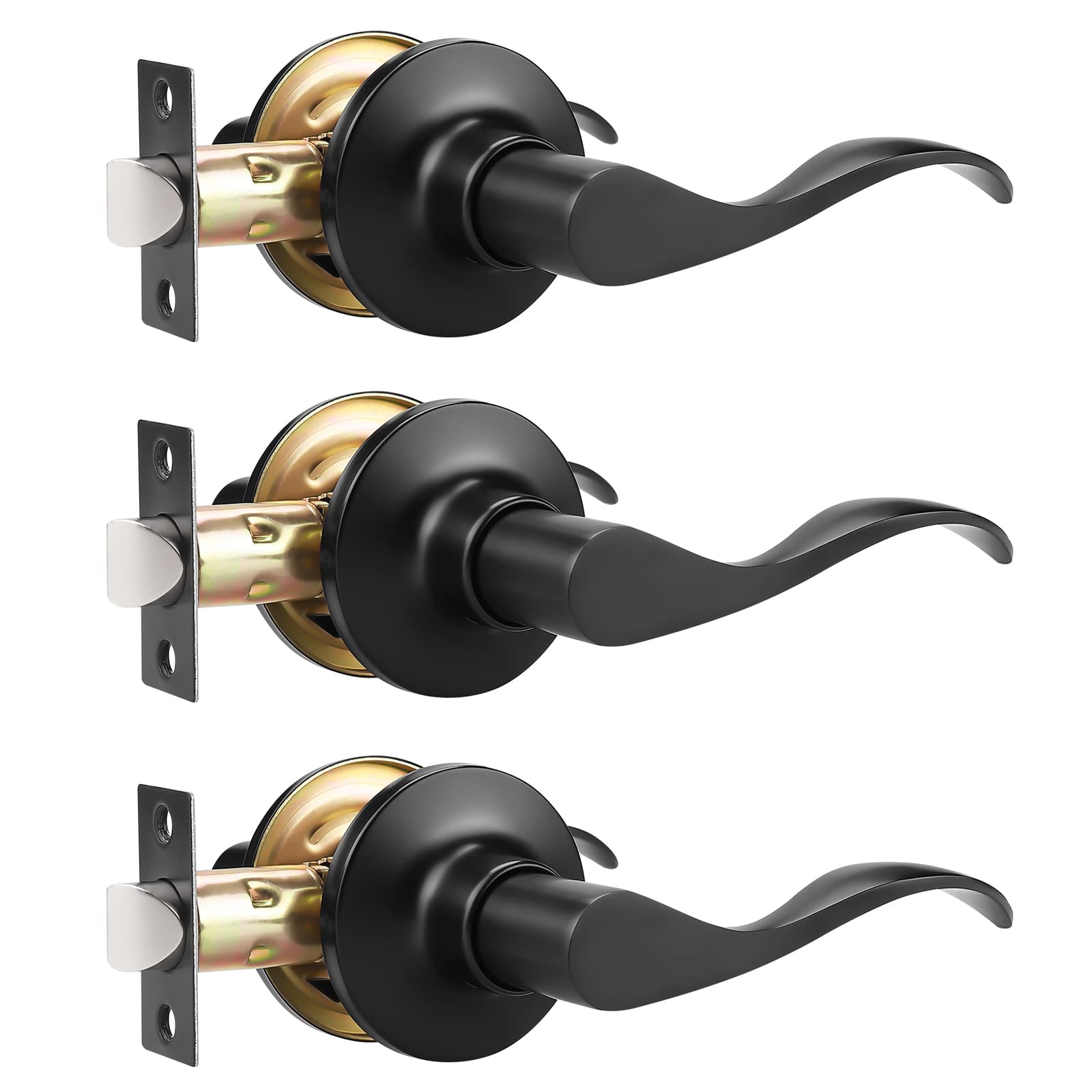 GOBEKOR3 Pack Passage Door Levers Hallway Closet Door Handles Interior Door Handle with Lock Keyless Matte Black Wave Door Handle Lever Set