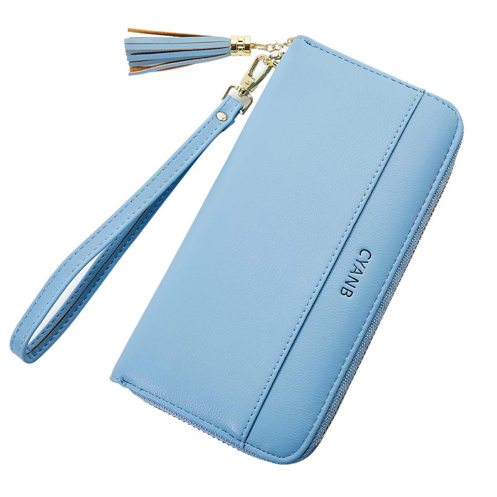 CYANB Women Wallets Tassel Bifold Ladies Cluth Wristlet Wrist strap Long Purse Blue