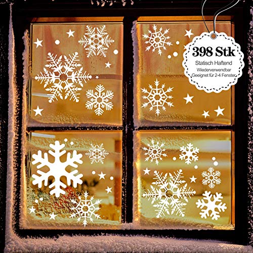 LessMo 398PCS Pegatinas De Navidad Ventana, Pegatinas de Ventana de Copo de Nieve de Navidad, Pegatinas de Ventana de PVC estáticas, Adorno de Navidad Reutilizable, Suministros para Fiestas