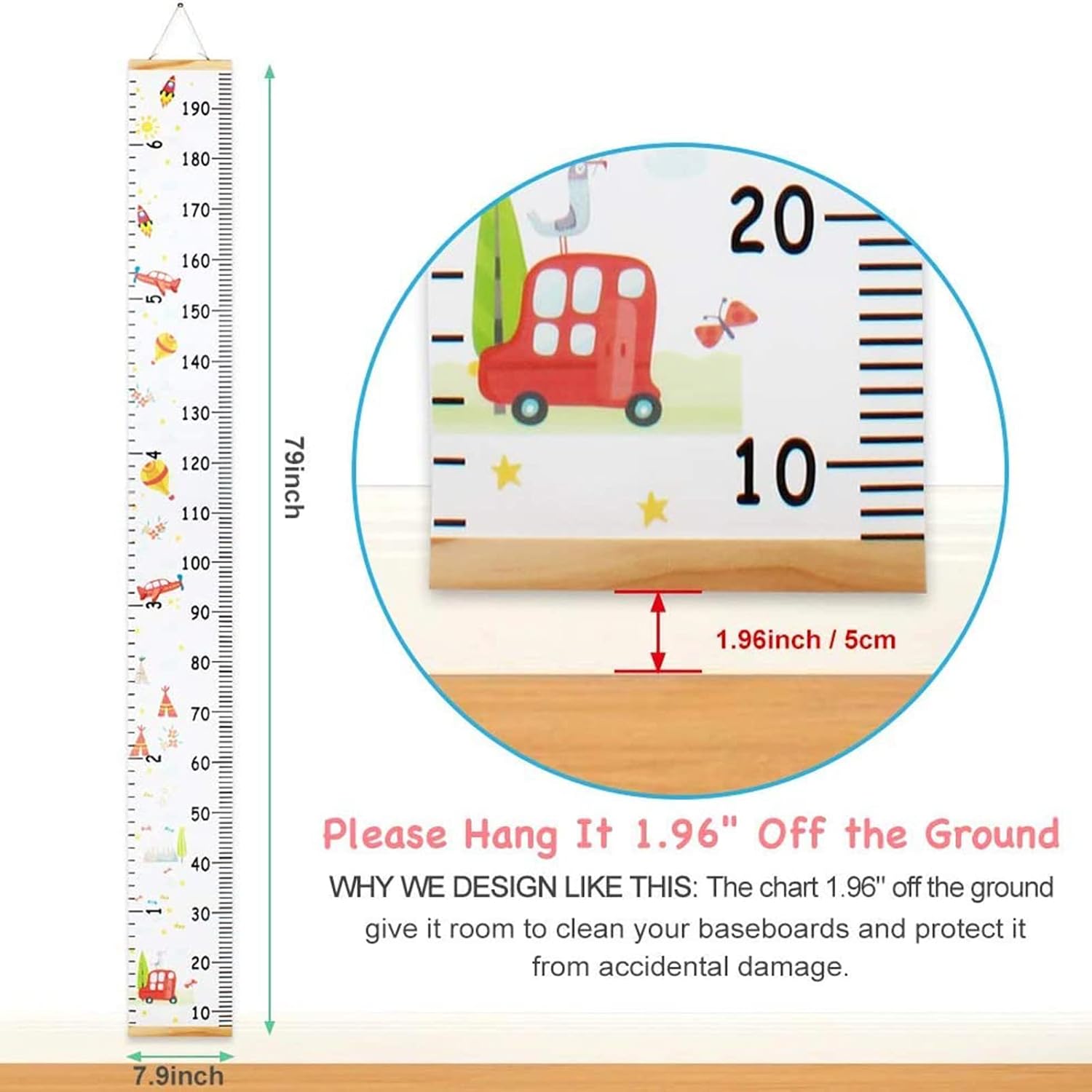 MIBOTE Growth Height Chart Handing Ruler Wall Decor for Kids, Canvas Removable Growth Height Chart 79" x 7.9"
