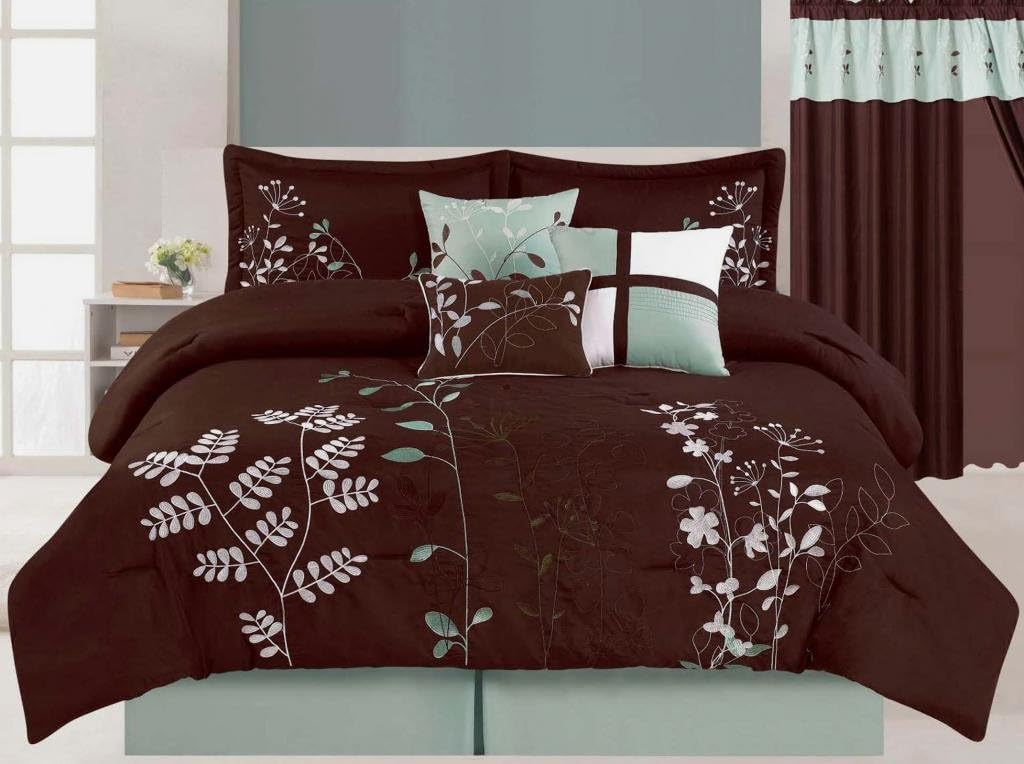 7 Pcs Embroidered Microfiber Comforter Set Brown Aqua Green