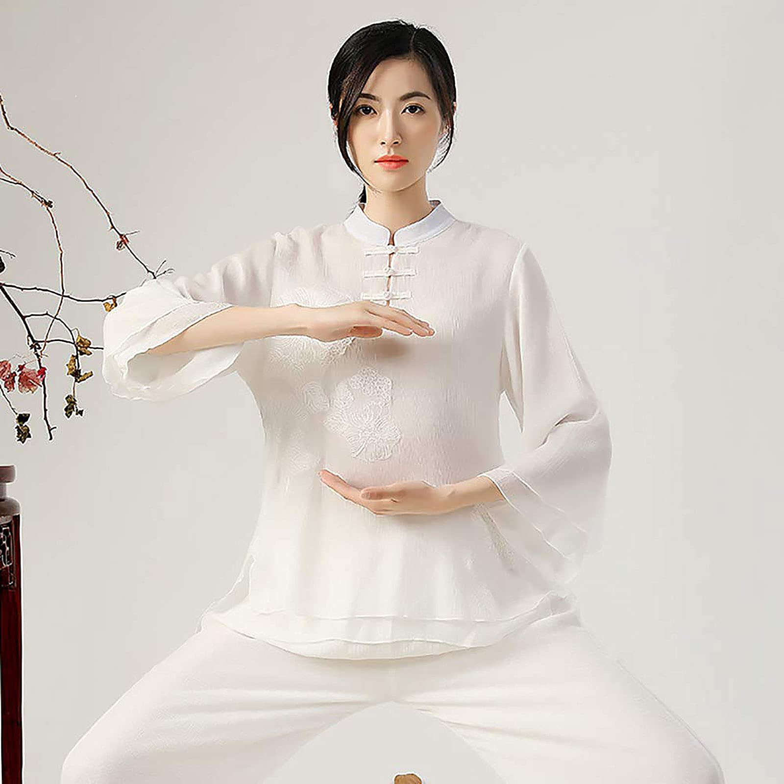 Kobiety Tai Chi Odzież Chiński Tradycyjny Medytacja Zen Jednolite Bawełniane Ubrania Wing Chun Lekkie Garnitury do Medytacji i Qigong, A, XXL