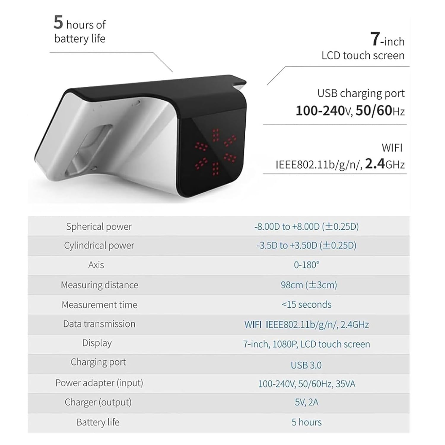 Generico Screener Portatile oftalmico ad Alta precisione con Touch Screen LCD 7 Pollici, misurazione Rapida 3s, Ideale per diagnosi Veloce e Professionale