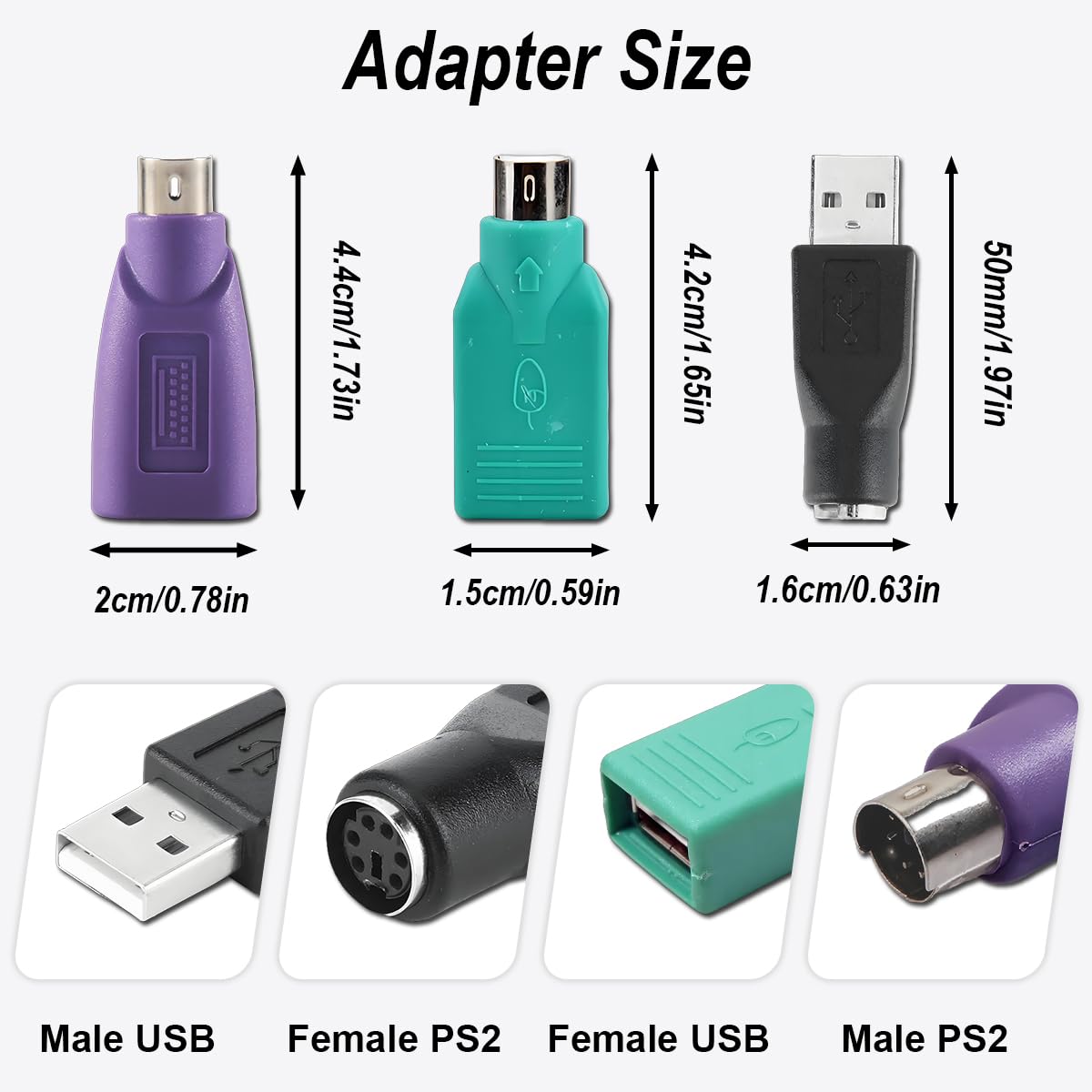 Adaptateurs PS2 vers USB Remplacement pour Souris et Clavier, Lot de 2 Convertisseurs PS2 Femelle vers USB A Mâle (Vert, Violet, Noir)