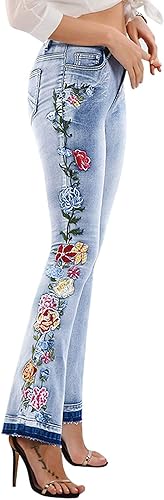 CHARTOU Womens Chic Floral Embroidered High-Rise Bell Bottom Flare Jeans Broad Feet Long Denim Pants - X-Large - Blue4
