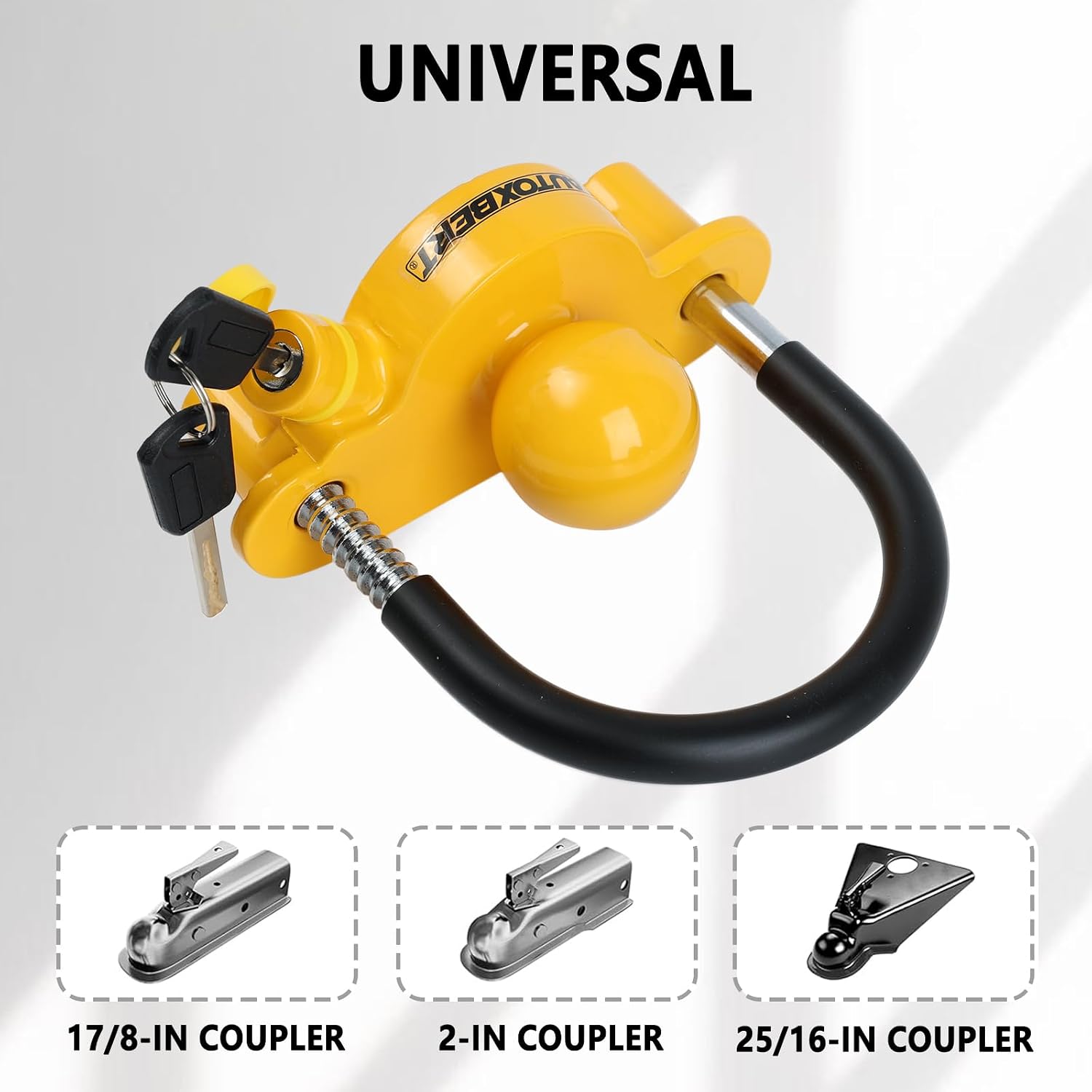 AUTOXBERT Universal Coupler Lock Trailer Locks Ball Hitch Trailer Hitch Lock Adjustable Security with Weatherproof Cover and Cap,Heavy-Duty Steel Fits 1-7/8 Inch, 2 Inch, 2-5/16 Inch Couplers, Yellow