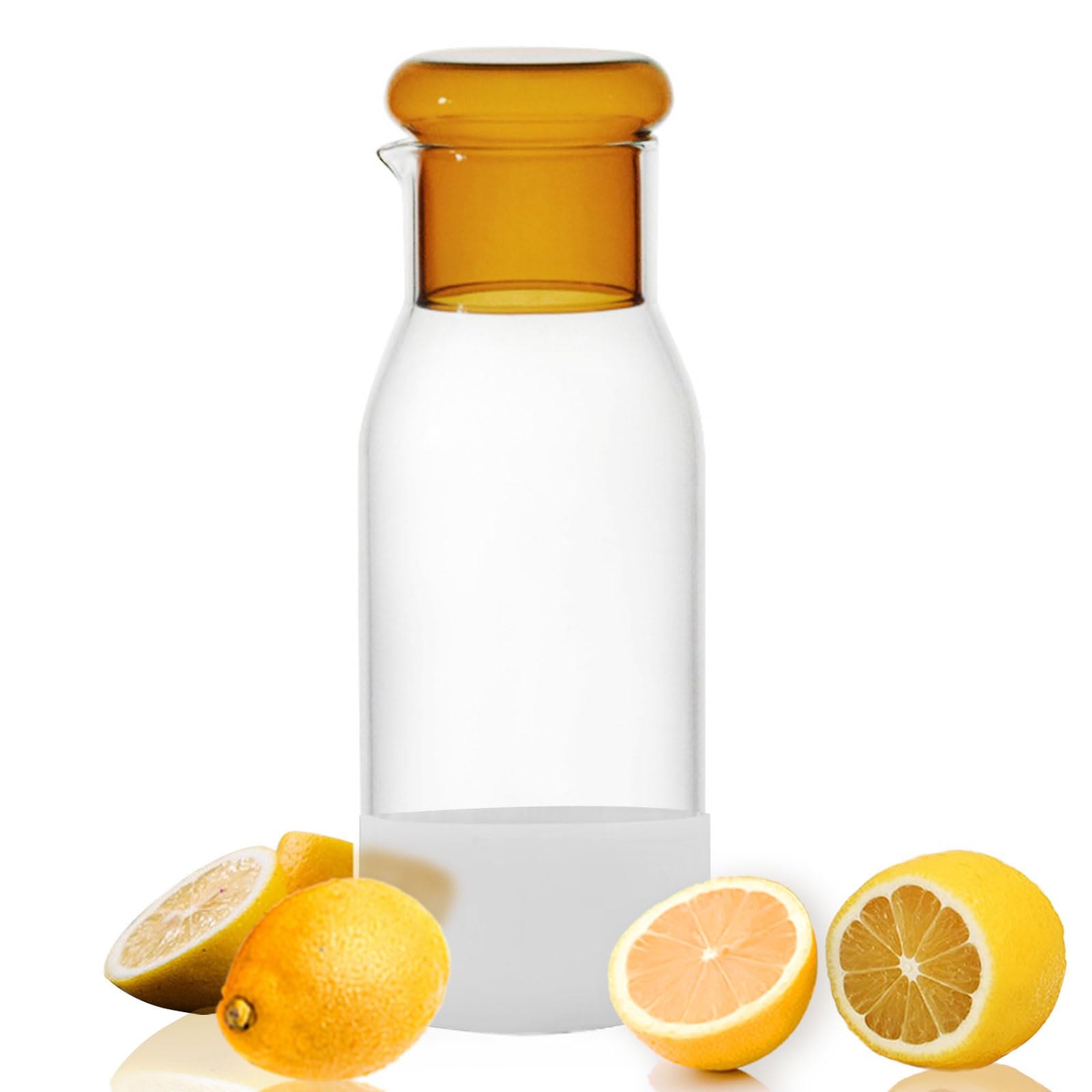 hjn Glass Pitcher Glass Water Carafe with Cup Lid, Fridge Water Jug Cold or Hot Beverages, Iced Tea, Milk, Juice 830ml/28oz &amp; clear cup lid (Glass Pitcher-Yellow cup lid)