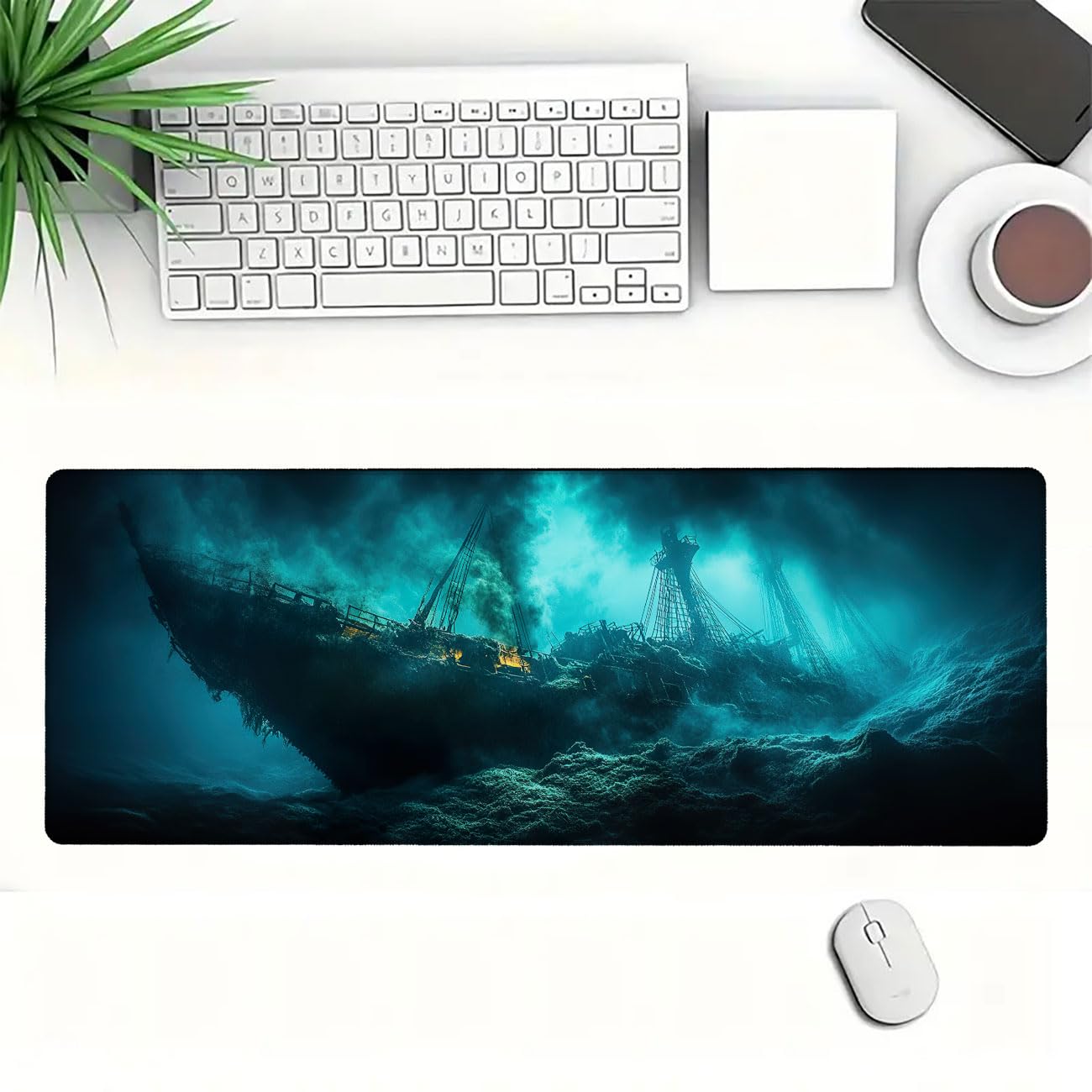 Tappetino per mouse da gioco con barca naufragio fondale marino barriera corallina XL grande tappetino da scrivania esteso tappetino per tastiera per computer da gioco tappetino da scrivania per