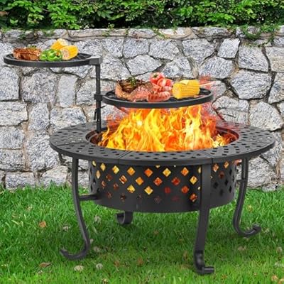 Panovue 36 Inch Fire Pit with 2 BBQ Grills, Wood Burning Fire Pits for Outside with Lid & Fire Poker, BBQ& Outdoor Firepit & Round Metal Table 3 in 1 for Patio, Picnic, Party