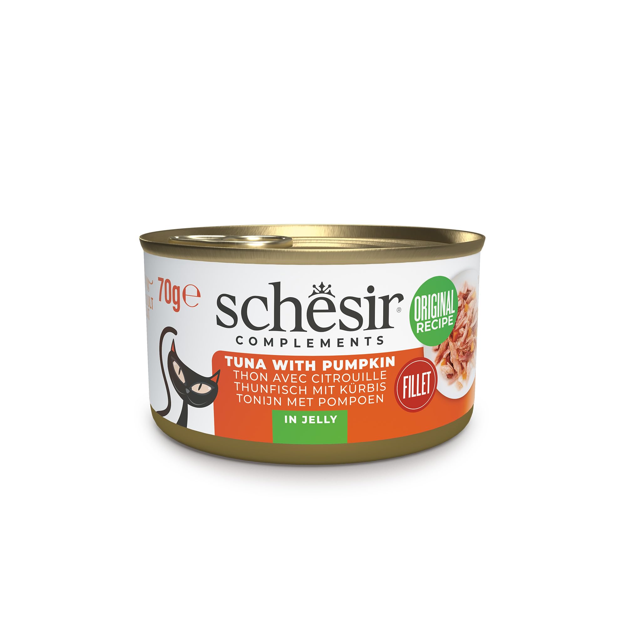 Schesir, Filetes de Atún con Calabaza en Gelatina, Comida Húmeda Complementaria para Gatos, en Latas, Receta Original, 100% Natural, 12 x 70g