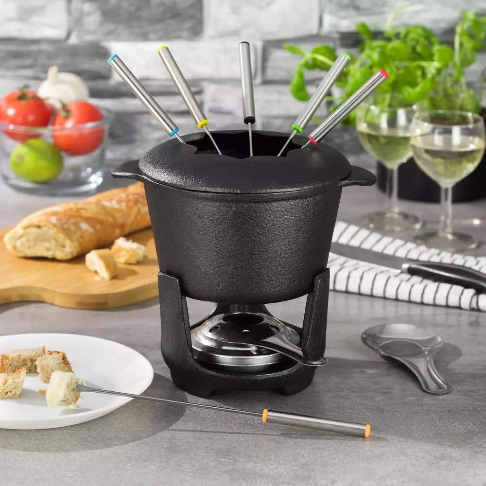Kinghoff KH-1195 Set per fonduta in ghisa, per 6 persone, con 6 forchette, dimensioni: Ø 17 x 10 cm